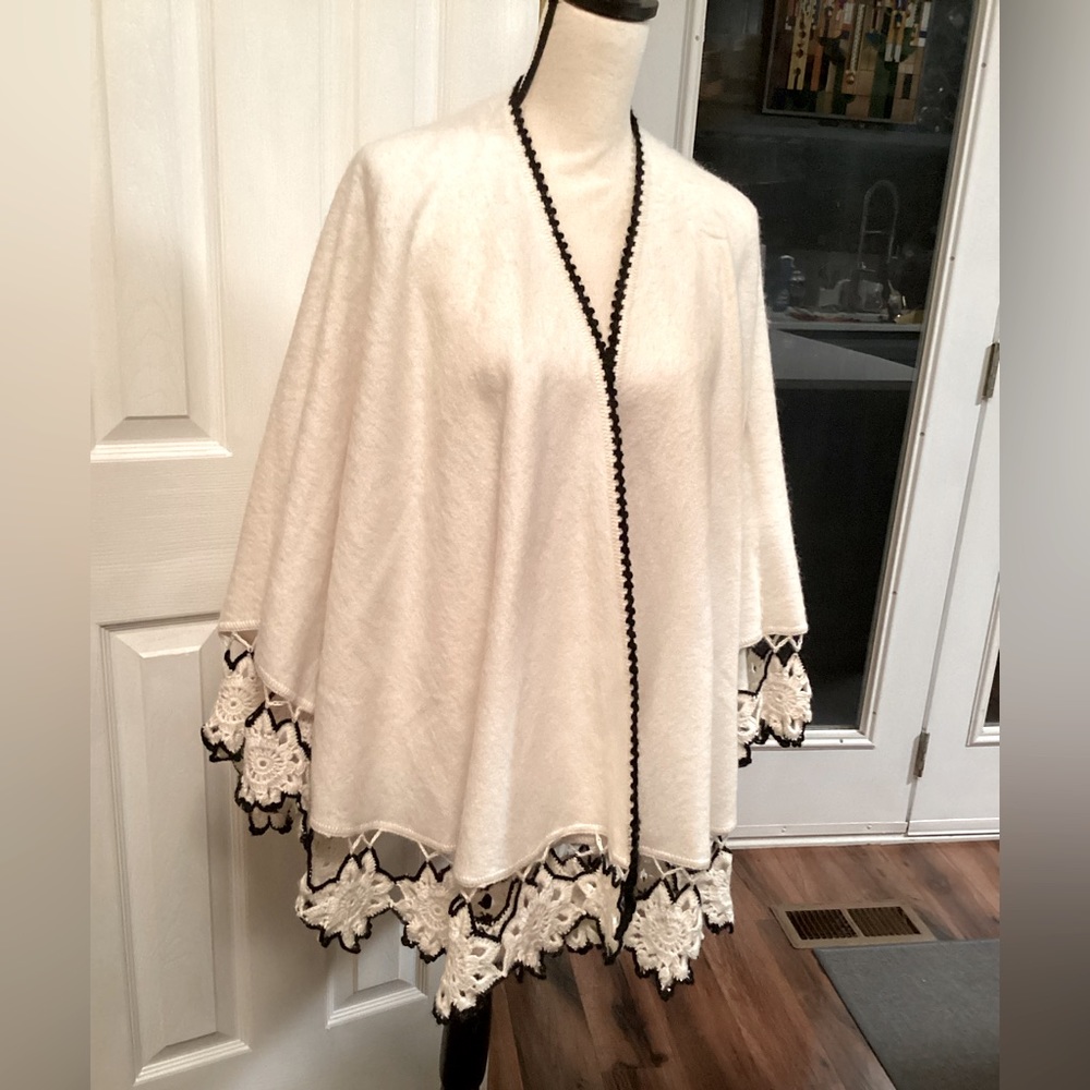 Wool Blend Wrap with floral trim.